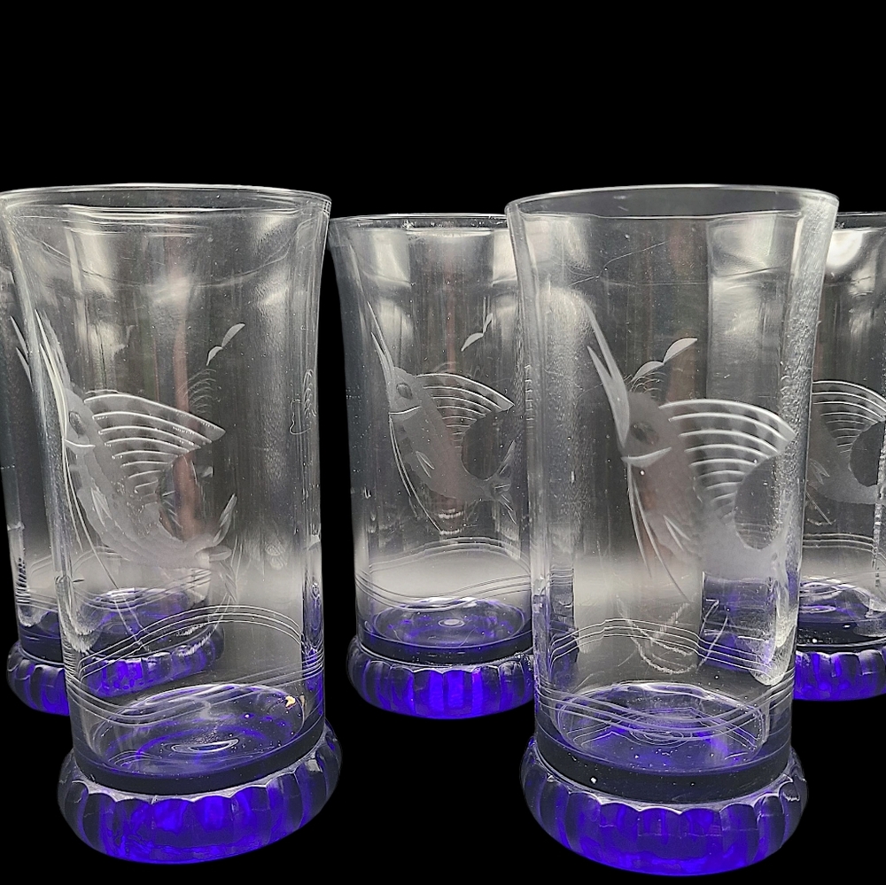 Vintage Duncan Miller Swordfish Cobalt Base Tumbler Glasses Set 5 MCM Estate HTF